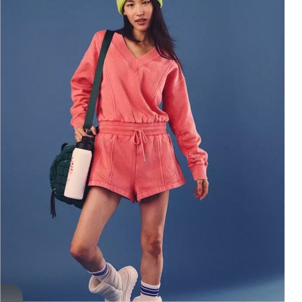 x FP Movement Intercept Romper in Pink V-Neck Sweatshirt and Shorts Set
